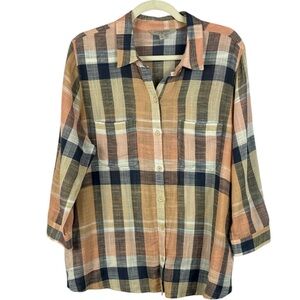 Liverpool Multicoloured Cotton Linen Blend Split Back Plaid Button-Down Shirt
